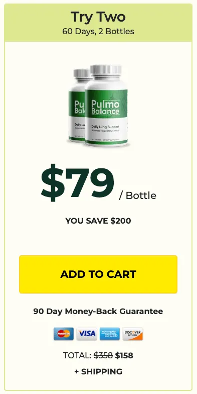 Pulmo Balance try two pack, 2 bottles, 60 day supply, $79 per bottle