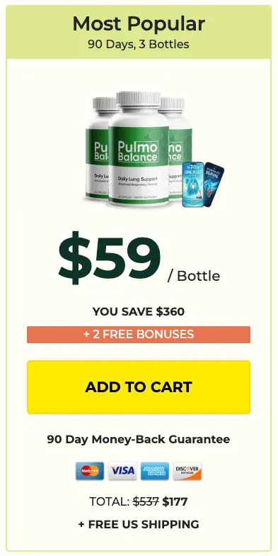 Pulmo Balance most popular pack, 3 bottles, 90 day supply, $59 per bottle with 2 free bonuses