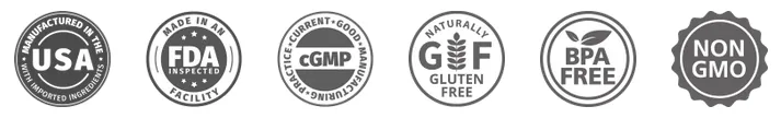 Pulmo Balance USA made, FDA inspected, cGMP certified, gluten free, BPA free, non GMO badges